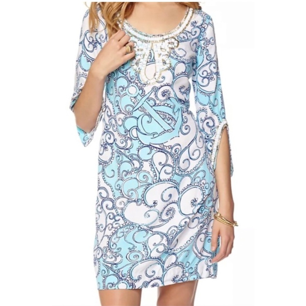 Lilly Pulitzer Beaded Tunic Dress XS Coastal Resort Autumn Wedding Guest Boho